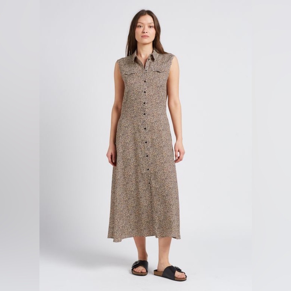 MNG Casual Linen Blend Animal Print Shirt Dress A-Line Collar Midi Western Sz 6